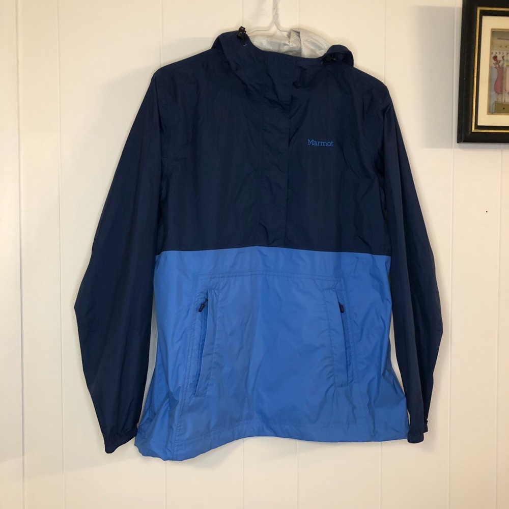 Marmot Anorak Hooded Two-Tone Navy and Light Blue Quarter Zip Rain Jacket M